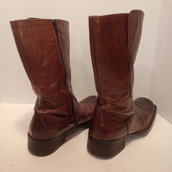 '80s ALDO Men's Sz 44EU/11US Brown Tall Boots Sq Toe Skull/Flames Embossed Zip - Picture 9 of 14